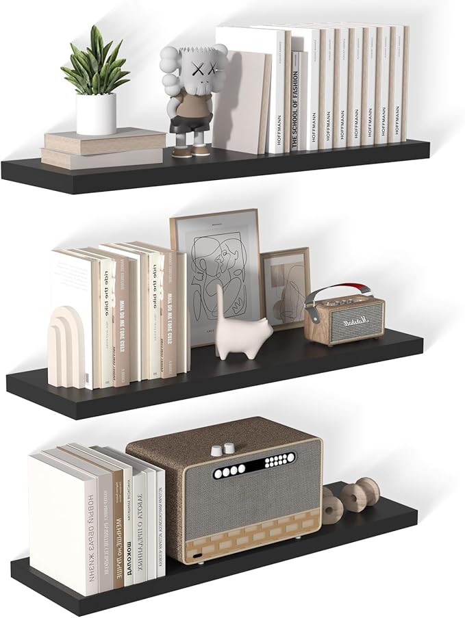 40 Inch Floating Shelf 3 Pack Large Floating Shelves for Wall No Drilling Accessories Included Deep Wall Shelves for Living Room Kitchen Farmhouse 40" W x 12" D x 1.2" Black-Ruum Studio Home