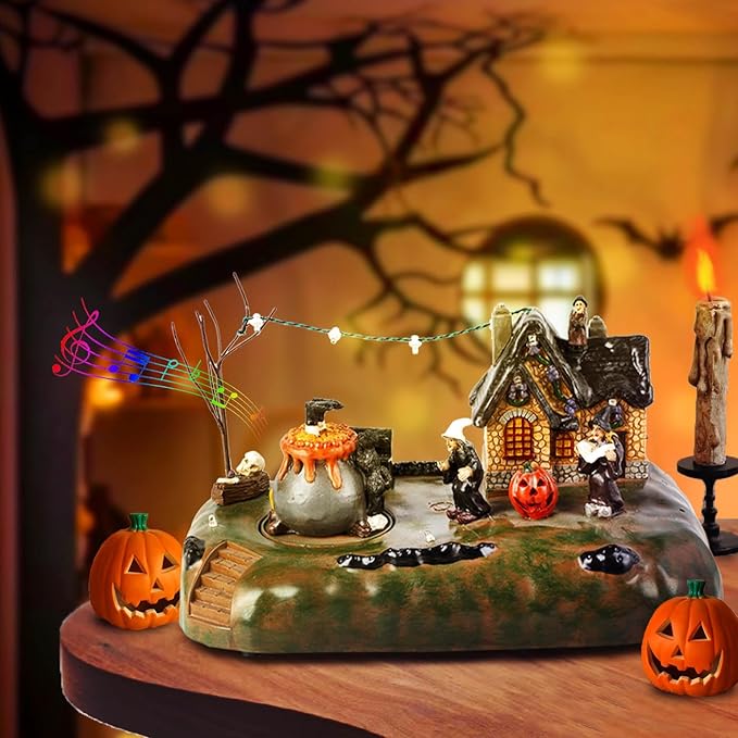 Halloween Village Witch Cauldron Bubble Figurine with Lit House Spooky Town Indoor Decoration Accessories for Holiday Display, Battery Operated-Ruum Studio Home