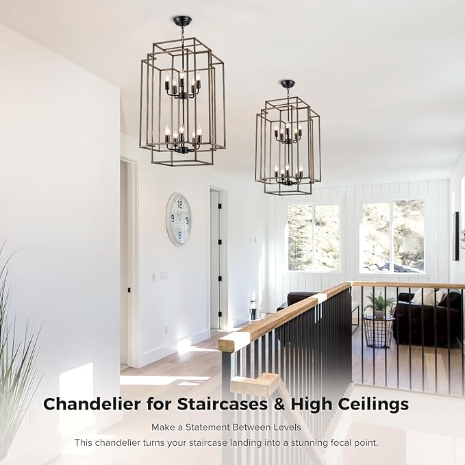 30" Black Farmhouse Chandelier, 10-Light Foyer Lighting Fixtures, Lantern Tiered Pendant Light Fixtures, Metal Wood Grain Finish Rustic High Ceiling Chandelier for Dining Room Entryway Staircase-Ruum Studio Home