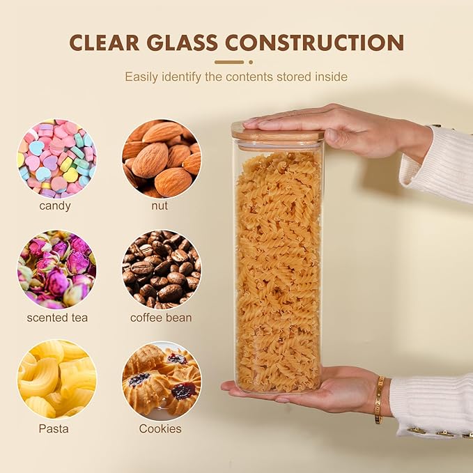 Glass Food Storage Jars 76 oz Set of 3,Glass Storage Containers Clear Glass Food Canister with Bamboo Lid Airtight For Serving Tea, Coffee, Flour, Sugar, Candy, Cookie, Spice and More (Square)-Ruum Studio Home