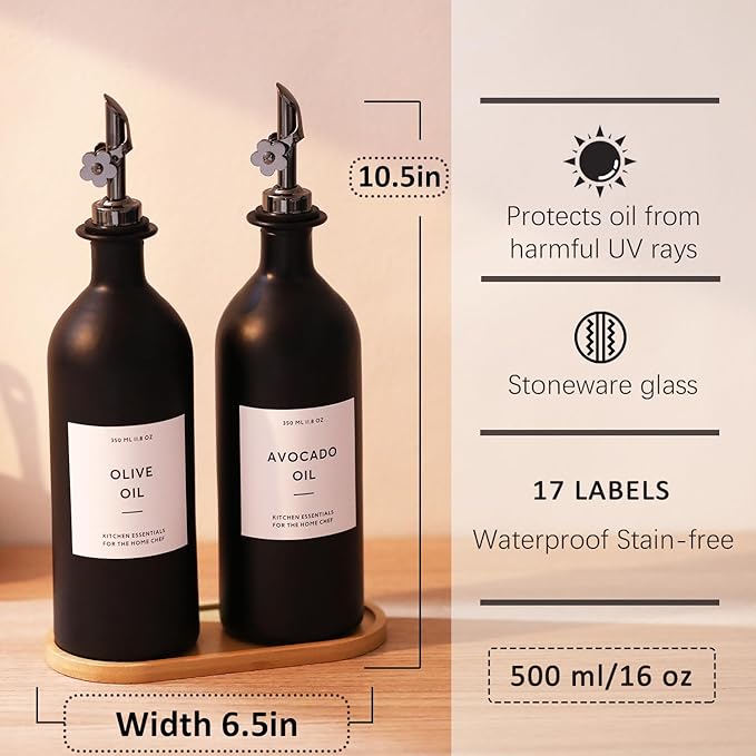 HOMCDALY Olive Oil Dispenser for Kitchen, 16oz Glass Oil Bottles with Bamboo Tray, Black Oil&Vinegar Cruet Set, Kitchen Dispenser Bottles with Pourer | Set of 2 (16oz – Black)-Ruum Studio Home