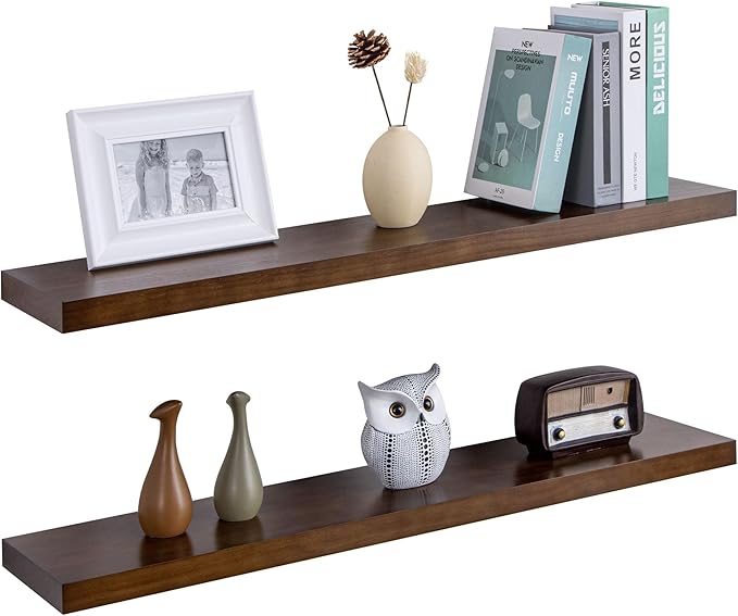 Floating Shelves 36 Inches Long - 8 Inch Deep Rustic Solid Pine Wood for Storage - Farmhouse Wall Mounted for Living Room - Heavy-Duty Metal Bracket - 36" W x 8" D - Set of 2 - American Walnut Color-Ruum Studio Home