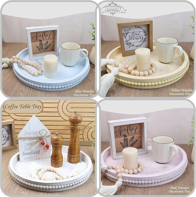 Round Wood Serving Tray with Beads, Blue Washed Wooden Decorative Tray for Entertaining, Decoration, and Gifting-Ruum Studio Home