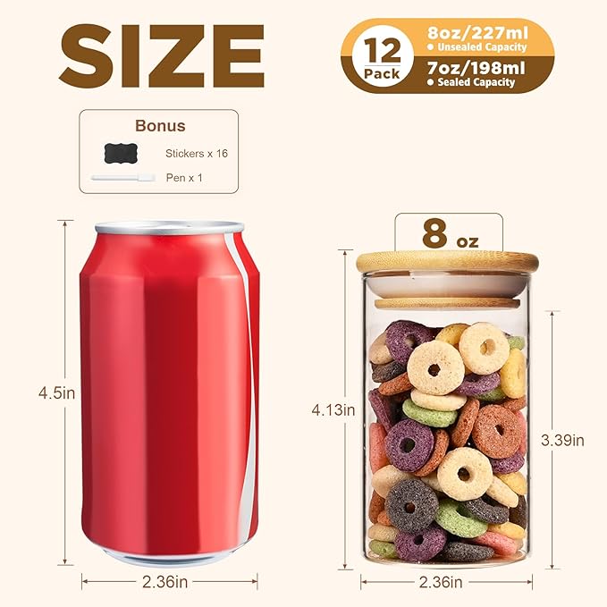 8oz Glass Food Storage Jars, Glass Jars with Bamboo Lids, Kitchen Storage Jars, Set of 12, Canisters with Airtight Lids for Spice, Coffee, Cookie, Pantry Organizers-Ruum Studio Home