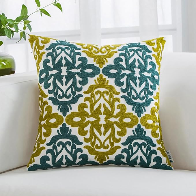 HWY 50 Decorative Throw Pillow Covers 18x18 Inch (1 Piece), Embroidered Cotton Farmhouse Cushion Cover Pillow Case for Sofa Couch Living Room Bed Bedroon, Blue and Green Floral Geometric-Ruum Studio Home