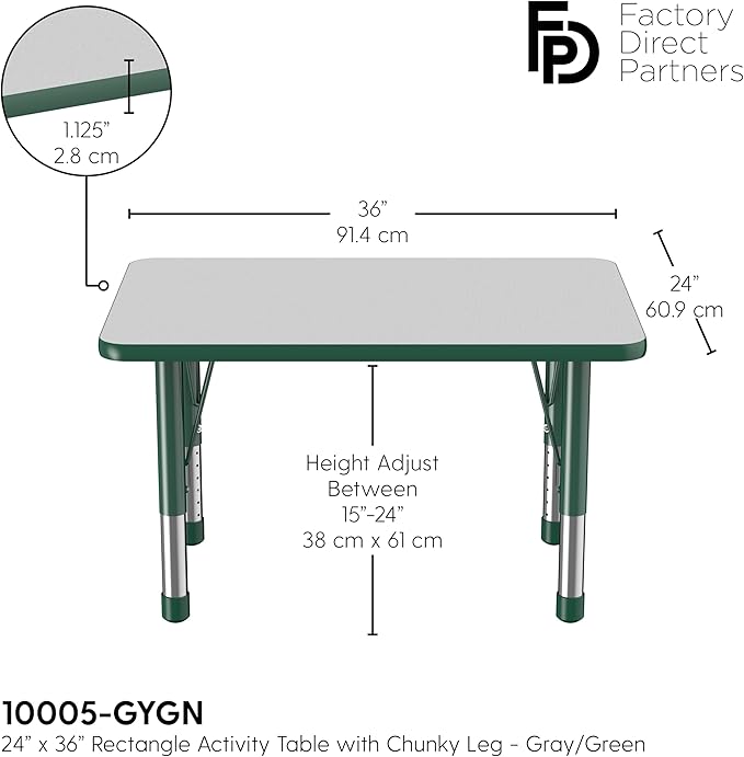 FDP Rectangle Activity School and Classroom Kids Table (24 x 36 inch), Chunky Toddler Leg, Adjustable Height 15-24 inches - Gray Top and Green Edge-Ruum Studio Home