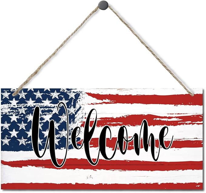 Welcome Decor Sign, Hanging Wood Sign Home Decorative, Printed Wood Wall Art Sign, American Flag Welcome Sign, Patriotic Home Decor, Front Door Decor Sign, Farmhouse Porch Wall Art Sign 12 * 6inch-Ruum Studio Home