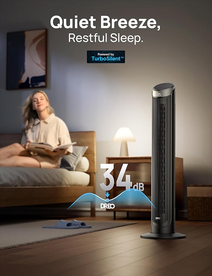 Dreo Tower Fan for Bedroom, 90° Oscillating Fans that Blow Cold Air, 5 Speeds, 4 Modes with 26ft/s Velocity, 12H & 28dB Quiet Timer, Remote, Touch, 40" Standing Floor Fan for Home Office, Black-Ruum Studio Home