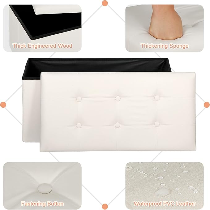 SUPER DEAL Folding Storage Ottoman Bench, Waterproof Faux Leather Ottoman Padded Seat Footrest Bench for Living Room, Bedroom, Entryway, Small Spaces, 15 x 30 x 15 inches, Creamy White-Ruum Studio Home