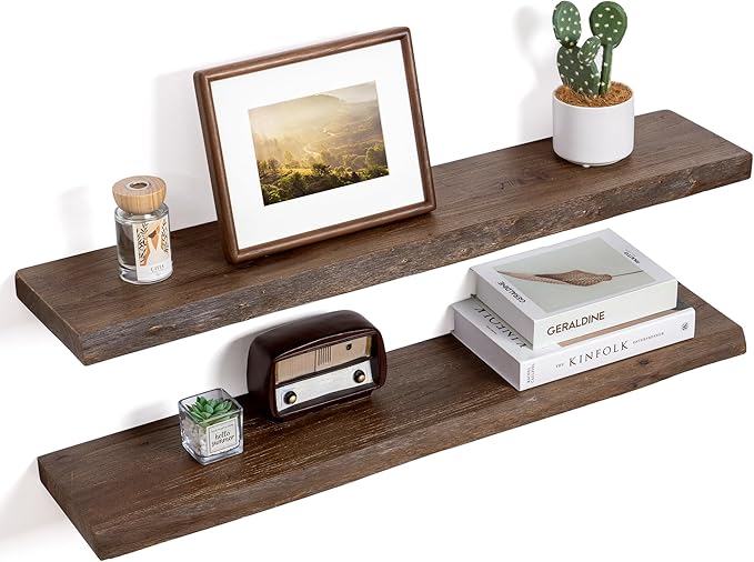 Floating Shelves for Wall Decor, Rustic Solid Elm Wood Live Edge Floating Shelves Wall Mounted, Wall Shelves with Invisible Bracket for Living Room Bathroom Bedroom Kitchen, 36 Inch Set of 2, Walnut-Ruum Studio Home