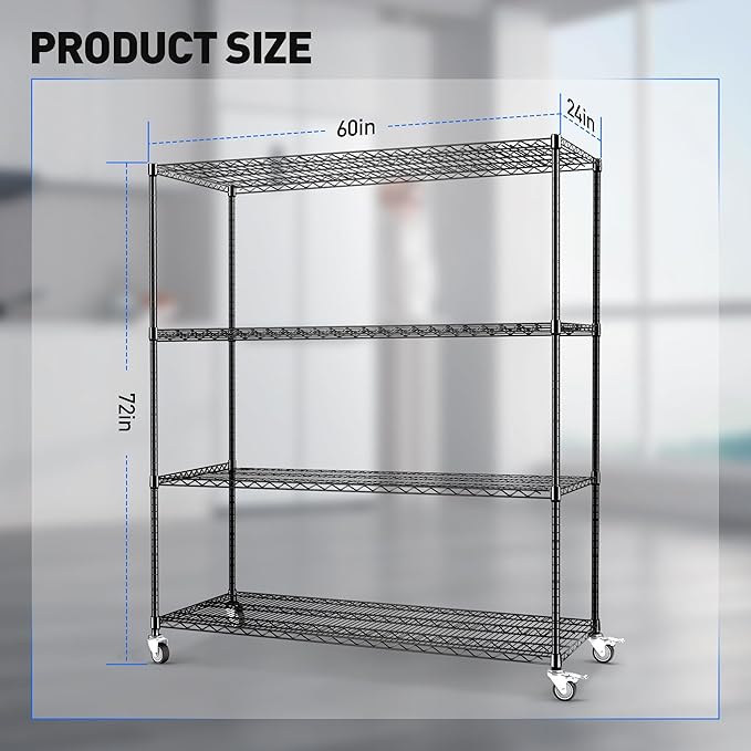 Rengue 4-Tier Wire Shelving with Wheels, 60"x 24"x72" Metal Storage Shelves, Heavy Duty Garage Storage Shelves, Chrome 2400LBS Capacity Wire Shelf Rack for Restaurant, Garage, Pantry, Black-Ruum Studio Home