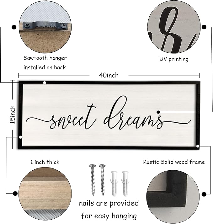 Sweet Dreams Wall Decor Above Bed 40''×15'' Master Bedroom Large Sweet Dreams Sign Farmhouse Wall Decor Guest Room Wood Rustic Framed Over Bed Wall Art Hanging Decoration (Black)-Ruum Studio Home