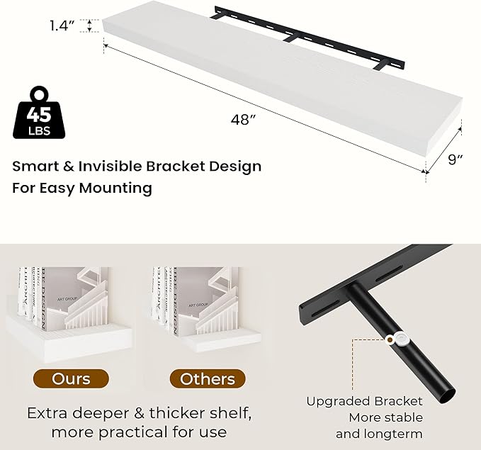 48 inch Floating Shelves for Wall Large Wall Mounted Shelves with Invisible Brackets, White Long Shelves for Bathroom, Living Room, Kitchen, Office, 48x9.1 inch deep Set of 2-Ruum Studio Home