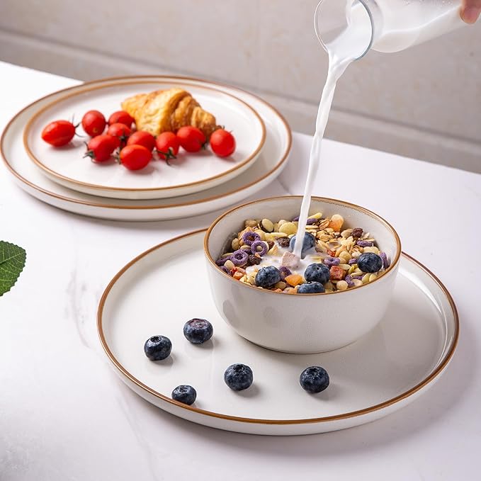 GBHOME Ceramic Dinnerware Sets for 4, 12 Pieces Stoneware Plates and Bowls Sets, Scratch Resistant Dishes, Dishwasher & Microwave Safe, Reactive Glaze-White-Ruum Studio Home