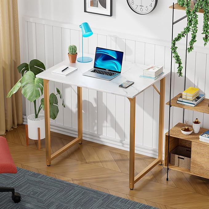 PayLessHere | 32 Inch Computer Desk | White Gold | Office Desk with Metal Frame, Adjustable Feet | Water-Resistant, Scratchproof Surface | Sturdy Writing Table for Home Office or Study | Pack of 1-Ruum Studio Home