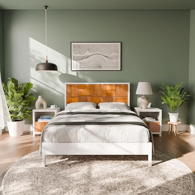 Bme Madia Bed Frame, Mid Century Queen Bed Frame and Headboard with Unique & Trendy Fluted Pattern, 800lbs Capacity Platform Bed Frame, Solid Acacia Wood Slat Support, Easy Assembly White Bed Frame-Ruum Studio Home