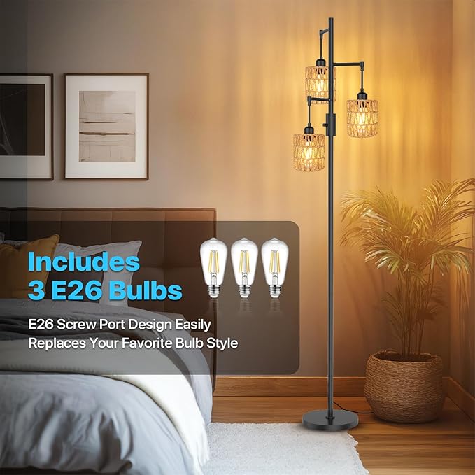 3-Light Boho Floor Lamp for Living Room, Rattan Wicker Standing Lamp Palm Tree Design, Farmhouse Coastal Floor Light with Woven Shade, Tall Bohemian Lamp-Ruum Studio Home