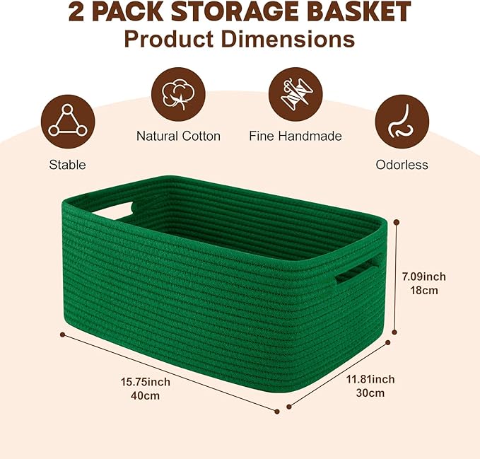 OIAHOMY Storage Basket for Shelves, Closet Cube Storage Bins Baskets for Clothes Blanket Towels, Baby Nursery, Toy Baskets Box, Woven Rope Basket, 15.75*11.81*7.09 IN, 2 Packs Green-Ruum Studio Home