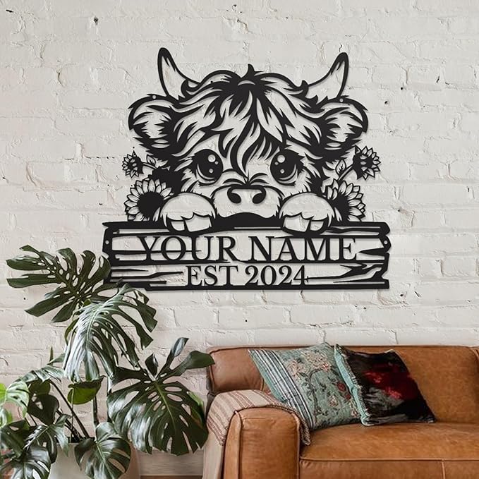 Personalized Highland Cow Name metal Signs,Custom Highland Cow Metal Shed Wall Decor,Black Metal Wall Art Plaques Outdoor wall Decorative Signage (Style D)-Ruum Studio Home
