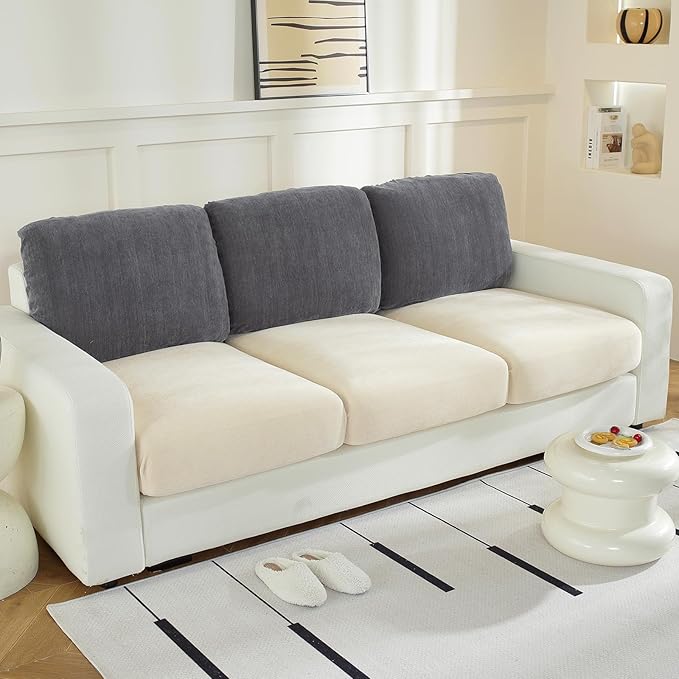 Large Backrest Cushion Covers Super Stretch Backrest Covers for 3 Cushion Couch Sofa, Couch Back Cushion Covers Featuring with Chenille Yarn (Softer Version, 3PC, Dark Grey)-Ruum Studio Home