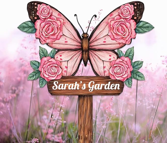 Personalized Butterfly Metal Sign with Stake,Custom Gardener Last Name Signs Outdoor Decorate,Customized Garden Accessories Decor for Mother's Day,Rose Flowers Plaques for Patio Lawn Porch Backyard-Ruum Studio Home