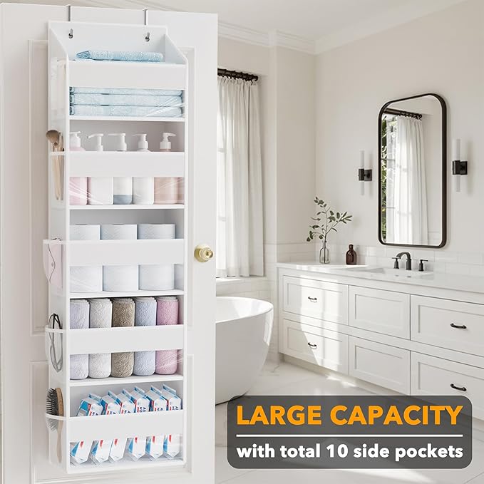 SpaceAid 1 Pack Over The Door Organizer with 5 Large Pockets and 10 Mesh Side Pockets, 5 Layers Door Organizer Hanging with Clear Window for Bedroom, Bathroom, Pantry and Nursery, White-Ruum Studio Home