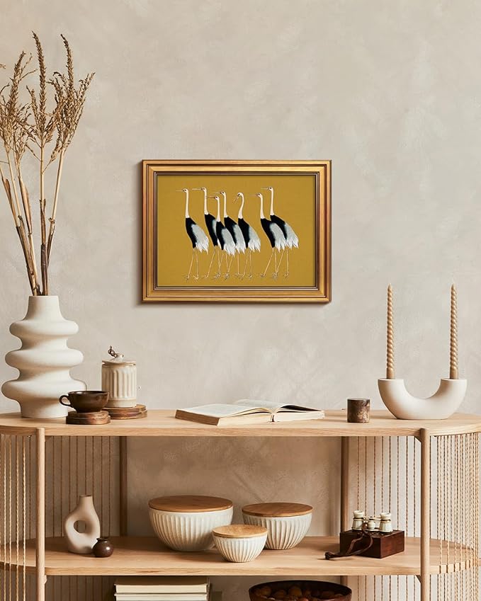 HUARCEY Gold Framed Vintage Wall Art for Living Room, Animals Painting Prints Shelf Decor for Kitchen, Aesthetic Bedroom Wall Art Decor, Christmas Gifts for Friends or Family (Seven Cranes 12"x16")-Ruum Studio Home
