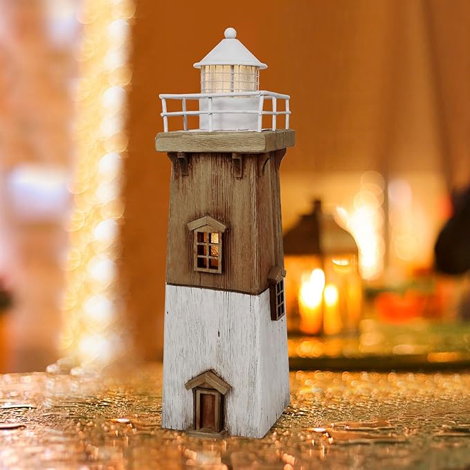 Linfevisi Wood Lighthouse Decor Rustic LED Light House Decor Wooden Decorative Nautical Lighthouse Statue Coastal Beach Themed Lighthouse Handcrafted Tabletop Decoration Home Bathroom (13.78")-Ruum Studio Home