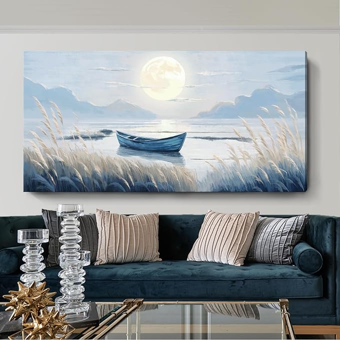 Oversized Large Living Room Wall Art, Blue Wall Decor for Bedroom, Modern Nautical Ocean Beach Seascape Nature Picture Sailboat Moon Lake Mountain Canvas Print Relaxing Serene Coastal Rustic Artwork-Ruum Studio Home