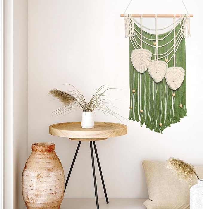 JONKASIPA Macrame Wall Hanging Bohemian Handmade Leaf Feather Wall Art Decorations, Green fringe Chic Home Decor for Apartment Dorm Living Room Bedroom-Ruum Studio Home