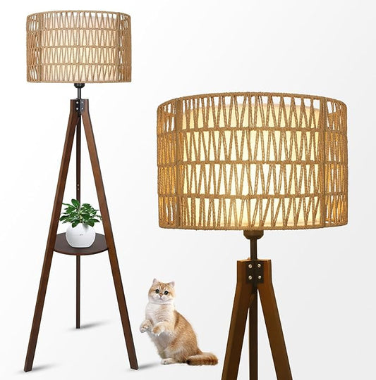 Boho Tripod Floor Lamp with Shelves, Mid Century Wood Standing Lamp with Rattan & Fabric Shades, ON/Off Foot Switch, Modern Farmhouse Tall Floor Lamps for Living Room Bedroom Office-Ruum Studio Home