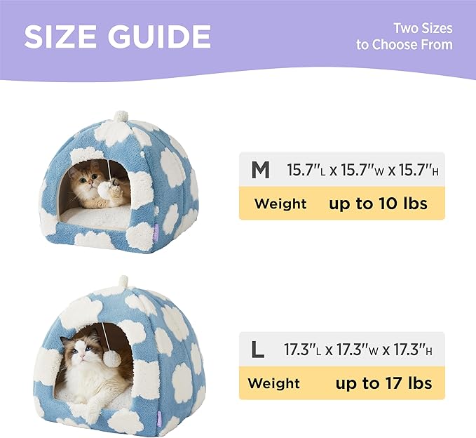 Lesure Cute Cat Beds for Indoor Cats - 2 in 1 Large Cat Cave Bed for Puppy and Small Dog with Removable Washable Cushioned Pillow, Cozy Kitten Tent with Non-Slip Bottom, Blue, 17.3 inches-Ruum Studio Home