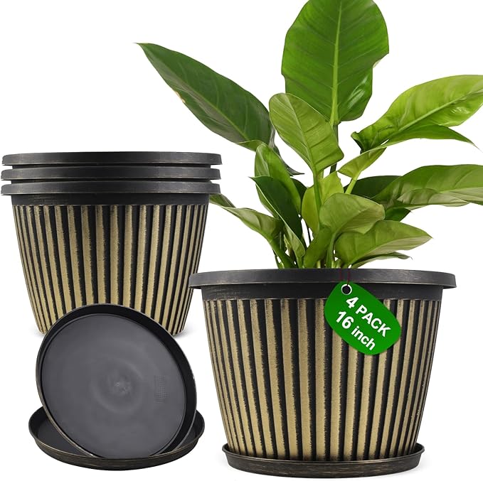 16 inch Large Planter Indoor Outdoor Plant Pots, 4 Pack Plastic Flower Pots with Saucer And Drainage Holes, Modern Garden Planters For Planting Medium Large Plants, Decorative Resin Garden Pots-Ruum Studio Home
