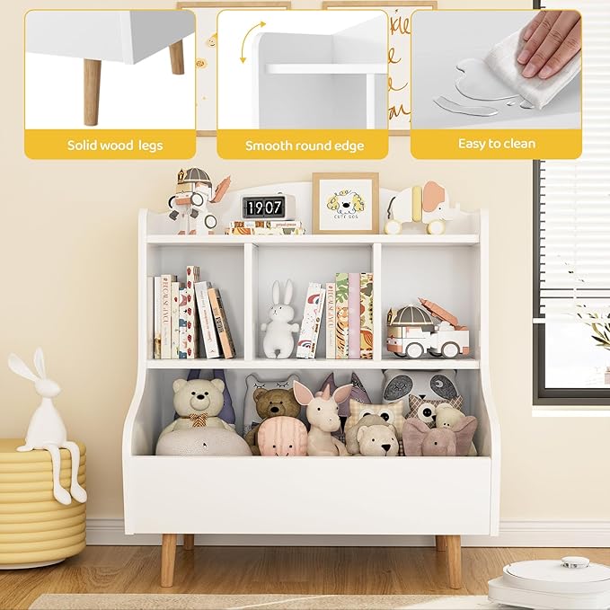 Toy Storage Organizer, 3 Tier Floor Standing Toddler Bookshelf with Legs, 5 Cube Kids Bookshelf and Toy Storage, Book Shelf for Kids Room, Living Room, Nursery, White-Ruum Studio Home