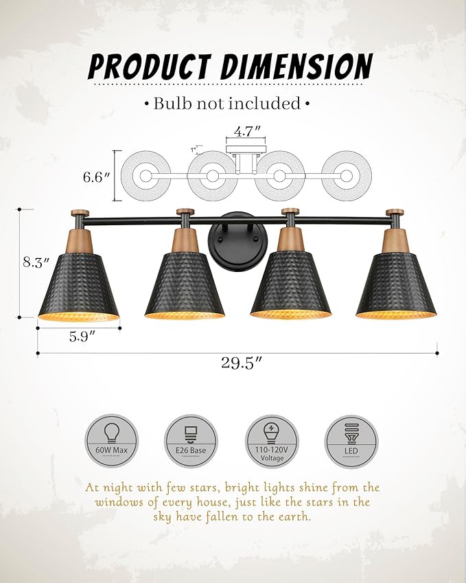 FEMILA 30" Bathroom Light Fixtures, 4 Light Vanity Lighting Fixtures with Wood Grain Paint and Black Finish, Light Fixtures for Bathroom Above Mirror, 4FG75B-4W BK-Ruum Studio Home