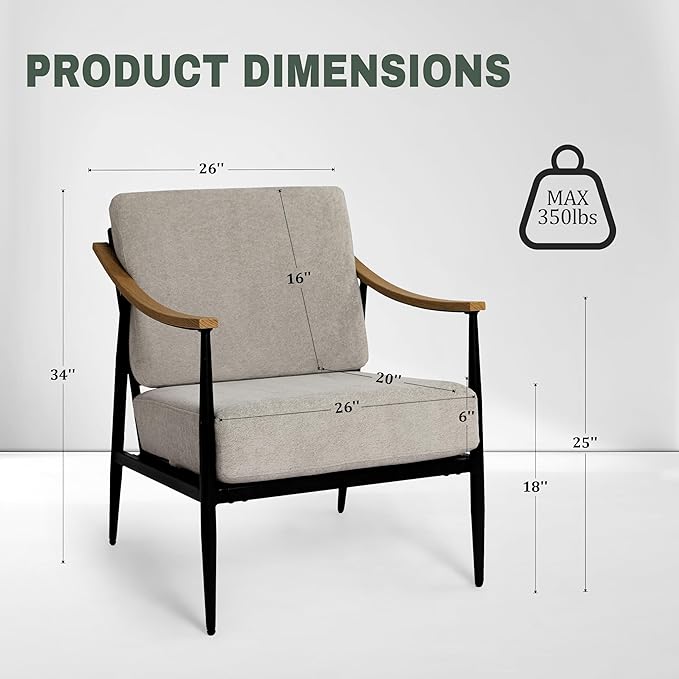 Modern Accent Chair for Living Room Bedroom Mid Century Arm Chair Upholstered Office Accent Chair Comfy Waiting Room Chair with Metal Frame, Grey-Ruum Studio Home