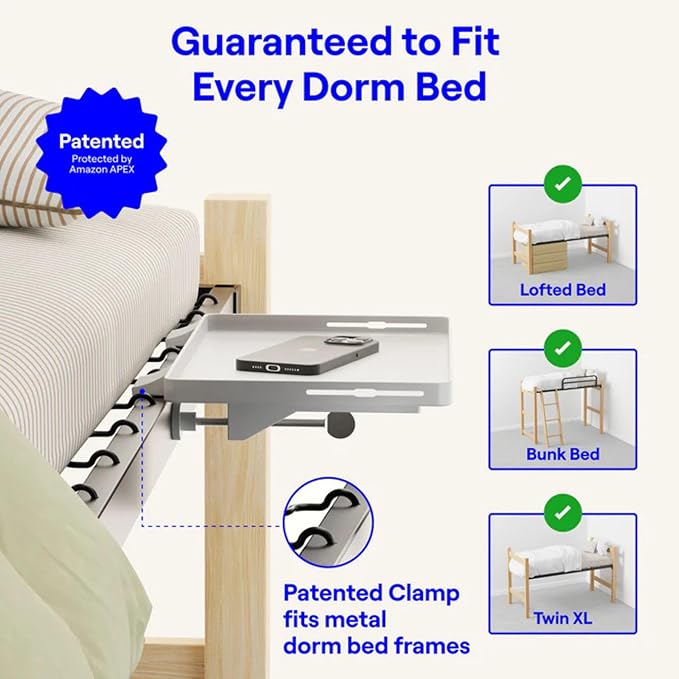 BedShelfie Bedside Shelf for Dorm Room Bunk Bed & Top Bunk, College Dorm Room Essentials, Bedside Caddy, Clip on Floating Tray, Bed Side Table Storage, Loft Nightstand Decor - Dorm Essential, White-Ruum Studio Home
