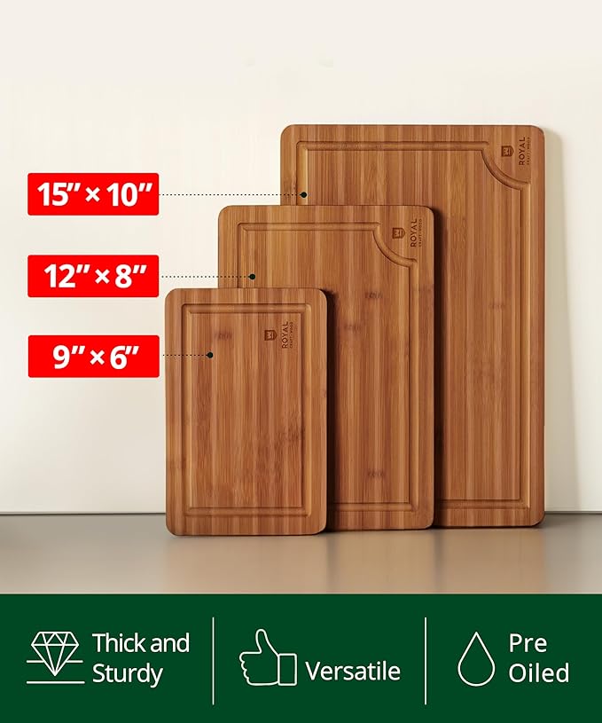 ROYAL CRAFT WOOD Wooden Cutting Boards for Kitchen Meal Prep & Serving - Bamboo Wood Serving Board Set with Deep Juice Groove Side Handles - Charcuterie & Chopping Butcher Block for Meat (3 Pcs)-Ruum Studio Home