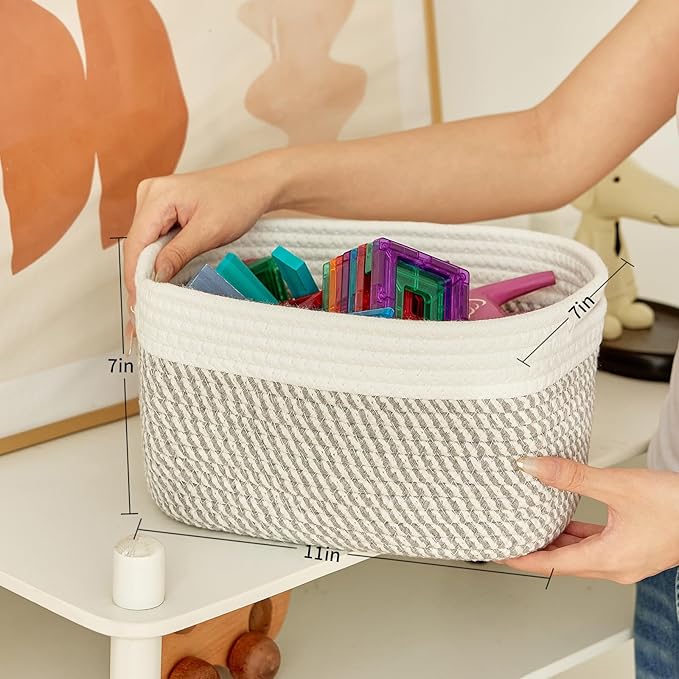 Small Cotton Rope Storage Basket Set of 3-11"x7"x7" Perfect Woven Baskets for Storage, Ideal Storage Baskets for Organizing Toys, Towels, and More - Baskets for Shelves（White & Mixed Grey）-Ruum Studio Home