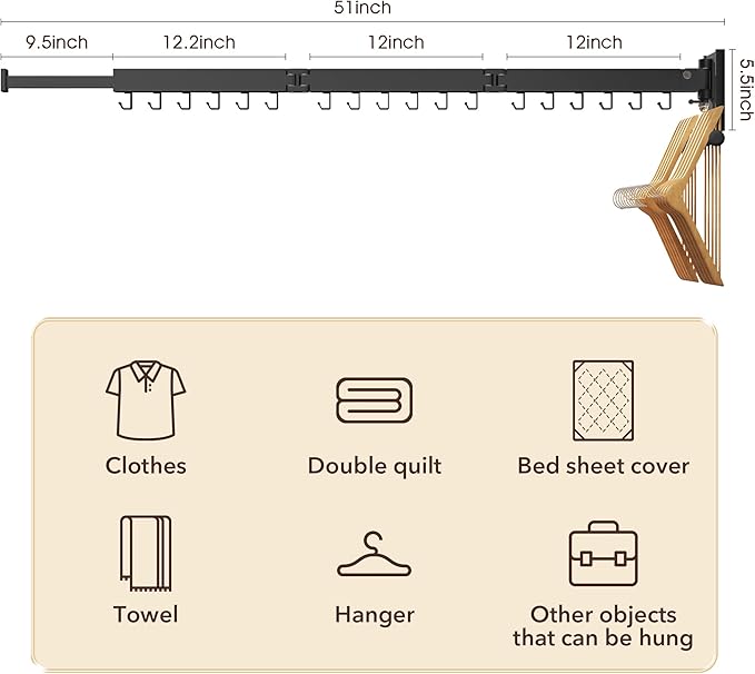Wall Mounted Clothes Hanger,Clothes Drying Rack,Laundry Drying Rack,Drying Rack Clothing,Laundry Hanger Rack,Retractable Dryer Racks,Collapsible, Aluminum,can be Fold Upward & Left & Right-Ruum Studio Home