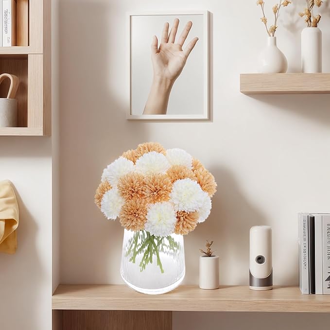 Kimura's Cabin 20Pcs Fake Mums Flowers Artificial Silk Chrysanthemum Faux Ball Flowers for Spring Wedding Arrangements Home Indoor Kitchen Table Centerpiece (White Champagne)-Ruum Studio Home