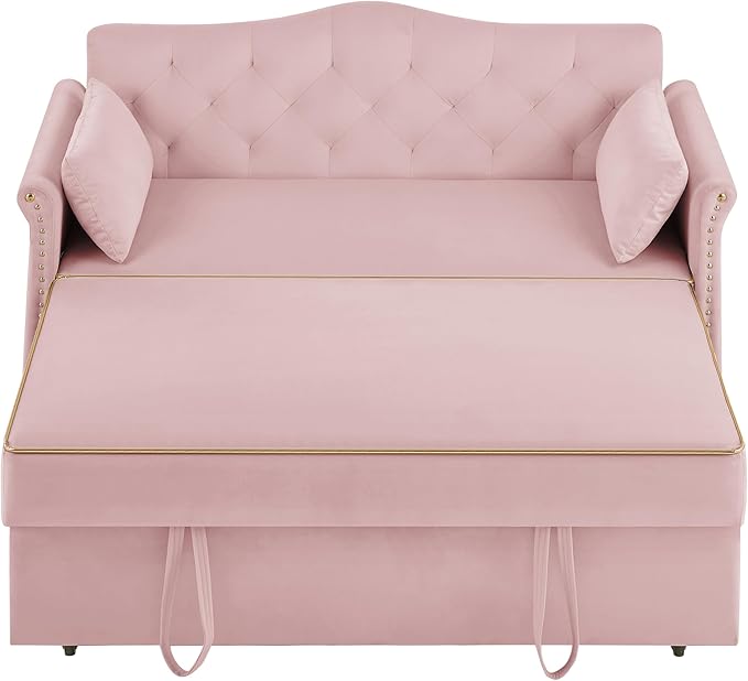 57" Velvet Pull-Out Sofa Bed, 3-in-1 Convertible Loveseat with Gold Trim Strips and Adjustable Backrest, Perfect for Living Rooms, Offices and Apartments (Pink)-Ruum Studio Home