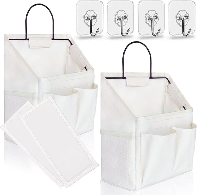 2pcs Small Wall Hanging Organizer Bag, Linen Fabric Door Hanging Storage Basket with Pockets, Waterproof Bin for Kitchen, Bedroom, Office, RV Camper (White)-Ruum Studio Home