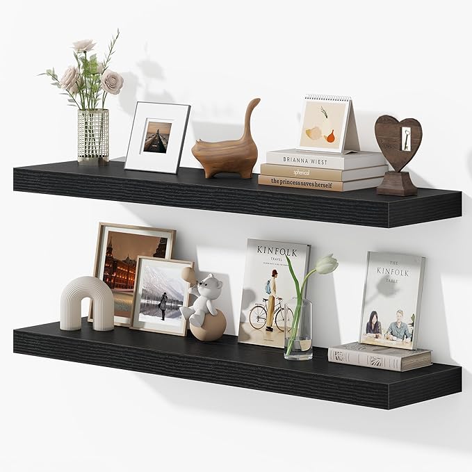 Dreamland 40 Inches Floating Shelves for Wall, 9.3" Deep Long Floating Shelves Set of 2, Large Display & Storage Shelf, Wall Shelf for Bathroom Bedroom Living Room Kitchen Office, Black-Ruum Studio Home