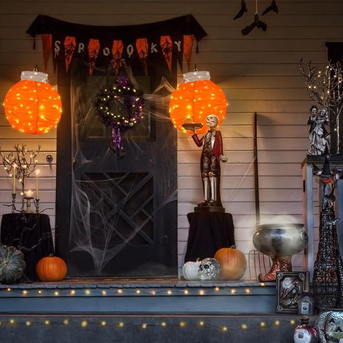 BRIGHTDECK Outdoor Halloween Ornaments, Lighted Pop-Up Outdoor Holiday Ball Decoration with 80 LED Lights, 8 Light Modes, Lighted Collapsible Holiday Decorations for Yard, Home(Orange)-Ruum Studio Home