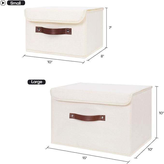 ANMINY 2PCS Storage Bins with Lid PU Leather Handles Storage Boxes PP Plastic Board Decorative Foldable Lidded Cotton Linen Fabric Home Cubes Baskets Closet Organizer Containers - Beige, Small Size-Ruum Studio Home
