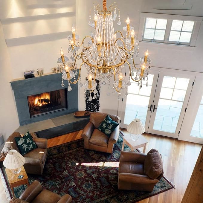 40" Large Brass Crystal Chandeliers,Gold Brushed Brass Chandelier for High Ceiling Living Room Dining Room Staircase Hallway Entryway Foyer(15-Light, Bulb Included)-Ruum Studio Home