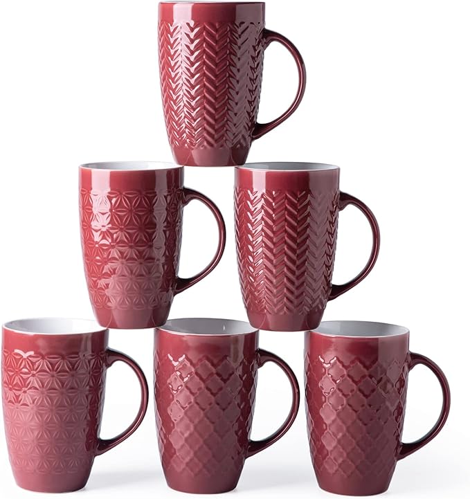 AmorArc Extra Large Coffee Mugs Set of 6, 20oz Ceramic Tall Coffee Mugs with Textured Geometric Patterns for Latte/Tea/Beer/Hot Cocoa, Dishwasher & Microwave Safe, Burgundy-Ruum Studio Home