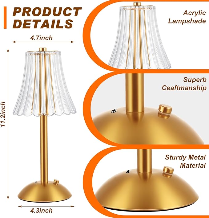 Liliful 6 Pcs LED Portable Cordless Table Lamp Touch Battery Operated Rechargeable Desk Lamp 3 Color Dimmable for Bedroom Living Room Dining (Rose Style,Gold)-Ruum Studio Home