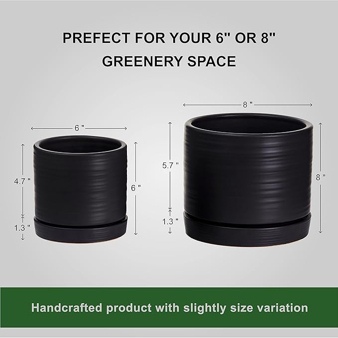 6 + 8 Inch Plant Pots, Ceramic Planter Pot with Drainage Hole & Saucer, Indoor/Outdoor Cylinder Round Planter Pot, Matte Black-Ruum Studio Home